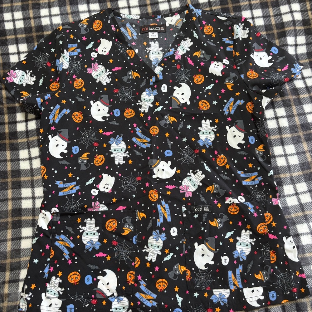 Koi Black Scrub Top with Halloween Prints